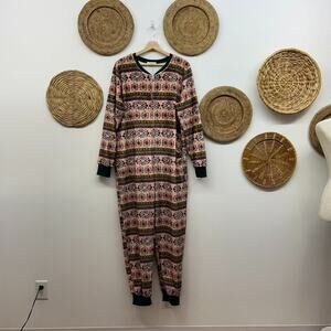 Natural Life Pink Green Cozy Fleece Zip Up Long Sleeve Onesie Pajamas PJs Medium